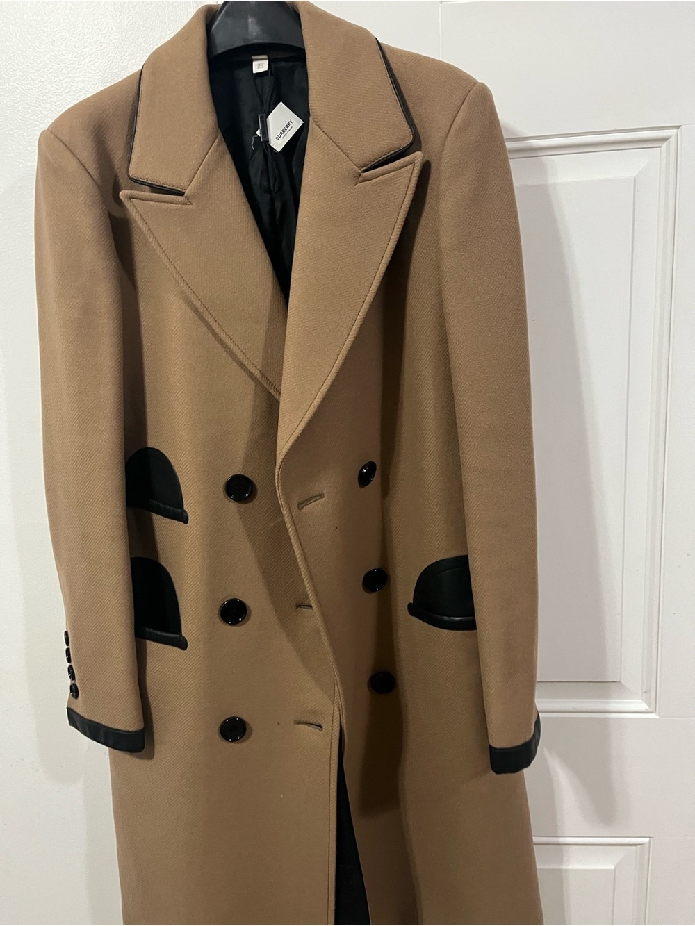 Burberry Camel Knee Length Double Breasted Coat with Black Leather Trim - Picture 7 of 9